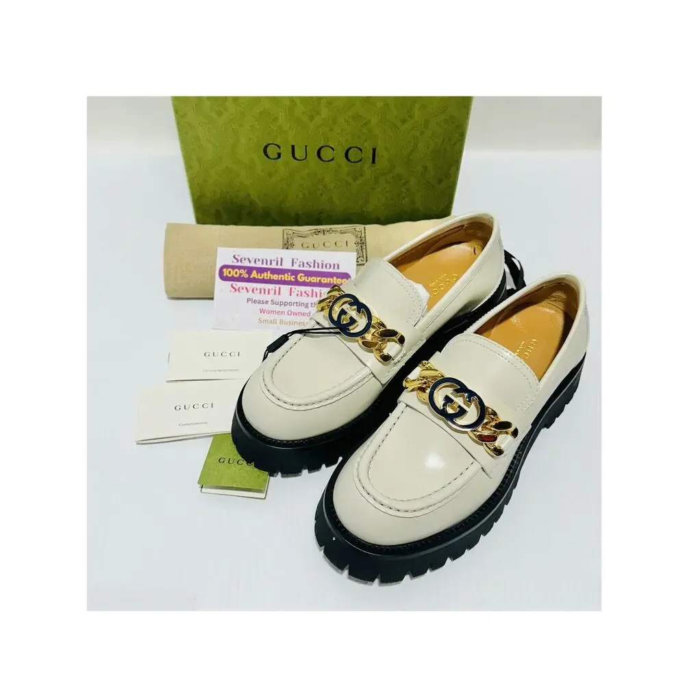 NIB Gucci Jeanne Interlocking G EU 38 Loafers White Leather Lug Sole Shoes $1190